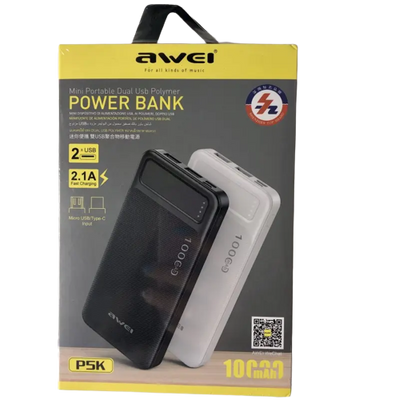 Power bank с индикатором заряда AWEI P5K 10000mAh |2USB, 2.1А| черный 1682703337 фото