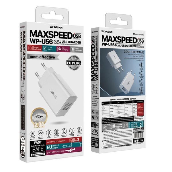 Мережевий зарядний пристрій 2 USB + кабель Type-C WK Design MAXSPEED ABC білий NAISUNS4ATC фото