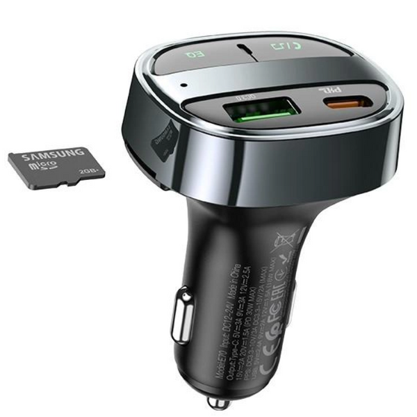 Автомобильный FM-Трансмиттер с зарядкой в машину Bluetooth HOCO E70 |USB-18W/Type-C-30W| Черный 1973709945 фото