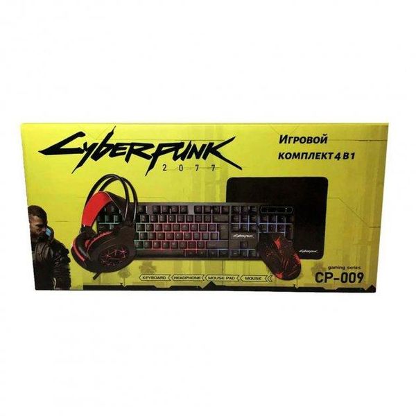 Игровой комплект 4 в 1 Cyberpunk клавиатура + мышка + наушники + коврик черный 710 фото