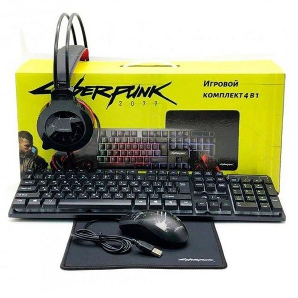 Ігровий комплект 4 в 1 Cyberpunk клавіатура + мишка + навушники + килимок чорний 710 фото
