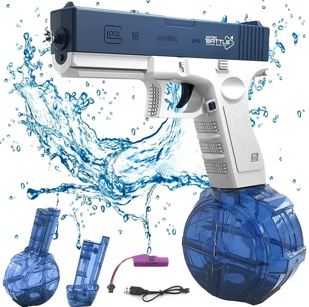Водяний пістолет Glock електричний, заряджання USB + Великий магазин Синій ABC 1877285794 фото