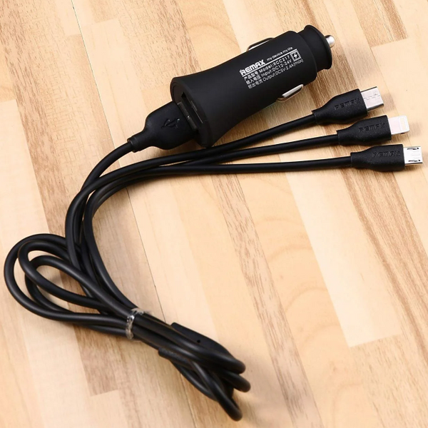 Автомобільний зарядний пристрій з кабелем 3-в-1 (MicroUSB/Lightning/Type-C) Remax RCC217 2.4A 2 USB Чорний RMX3IN1RCC217B фото
