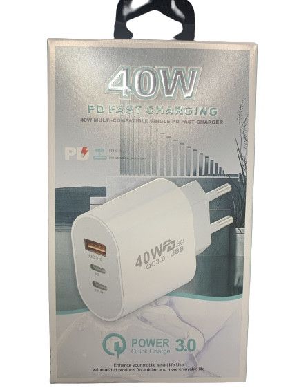 Мережевий зарядний пристрій 40W з 3 портами Type-C PD20W, USB QC3.0 ABC біле 1807529899 фото
