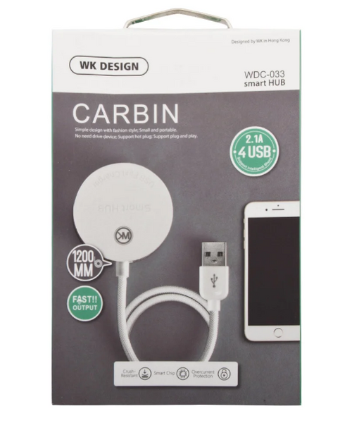 Зовнішній USB-розгалужувач smart HUB WK Carbin WT-N2 2.1 A 4 USB + MicroUSB 120cm Білий WKCRBNWTN2120W фото
