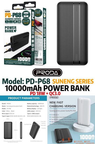 Power Bank швидке заряджання Proda 10000 Mah 3 А 18 W ABC Білий PD-P68 фото