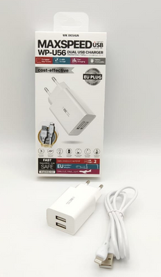 Мережевий зарядний пристрій WK MAXSPEED WP-U56 2 USB + кабель Lightning Білий WKWPU56LW фото