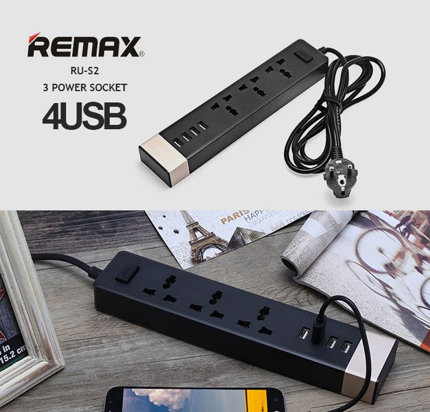 Мережевий фільтр подовжувач 2 м на 3 розетки та 4 USB 2.4 A Remax RU-S2 чорна RMXRUS2W фото